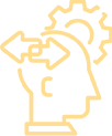 a yellow line drawing of a person's head with a gear and arrows